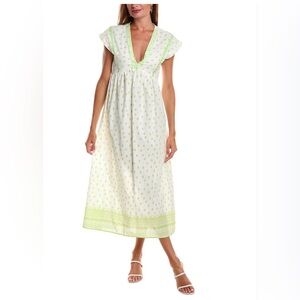 ZARA Embroidered Rustic Tunic Midi Dress Beach Cover Up White/Green Sz XS NWT
